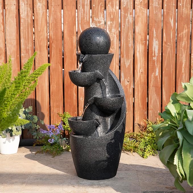 Glitzhome Outdoor Water Fountain with LED Light & Pump, Modern 5-Tier Bowl and Sphere Polyresin Outdoor Fountain, 33.5" Cascading Waterfall Fountain Water Feature for Porch Deck Patio Backyard Decor