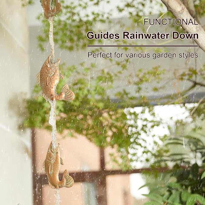 Glitzhome 8.5ft Rain Chain for Gutters 9-Piece Faux Copper Patina Finish Fish Shaped Catcher Replacement for Downpout
