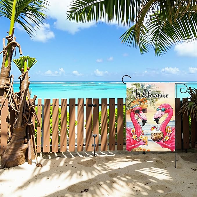 Welcome Garden Flag Flamingo Tropical Beach Scene Yard Flags Summer Coastal Island Double Sided Polyester Pink Flamingo House Banner for Lawn Pool Palm Tree Seaside Home Decor 12 x18 Inch