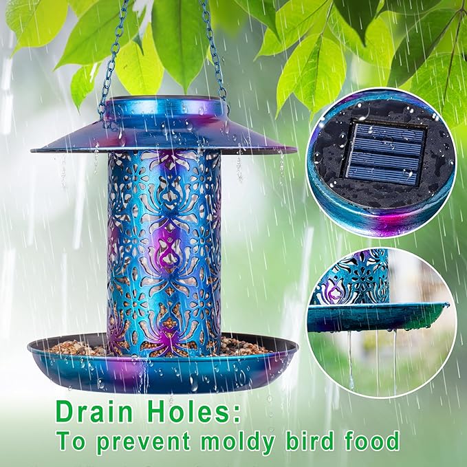 Ottsuls 2 Pack 60 inch Adjustable Shepherd Hooks and 2 Pack Solar Bird Feeder for Outdoors Hanging (Blue)