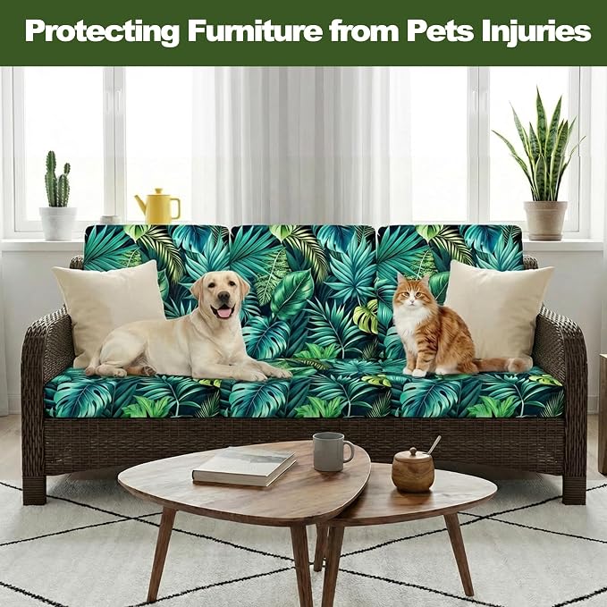 CALBODE 14 Pcs Stretch Outdoor Seat Cushion Covers, Washable Chair Seat Cover for Patio Furniture Cushions Soft Indoor and Outdoor Couch Cover Replacement (Green Tropical Leaves, Cover Only)