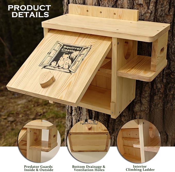 Extra Large Outdoor Squirrel House, Wooden Nesting Box | 0.7-inch-thick weatherproof pine, external rest platform, front porch, ventilation and easy mounting on trees or fences