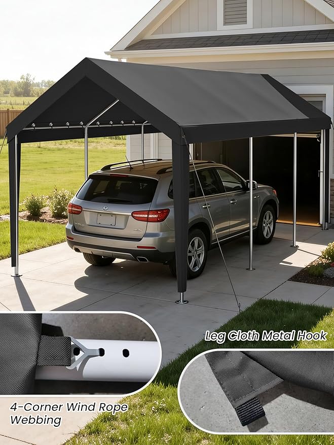 10 x 20 Ft Carport Replacement Cover, Heavy Duty Outdoor Car Tarp Canopy, Waterproof & UV Protected Tear Oxford Tarp with Ball Bungees (Frame is Not Included)