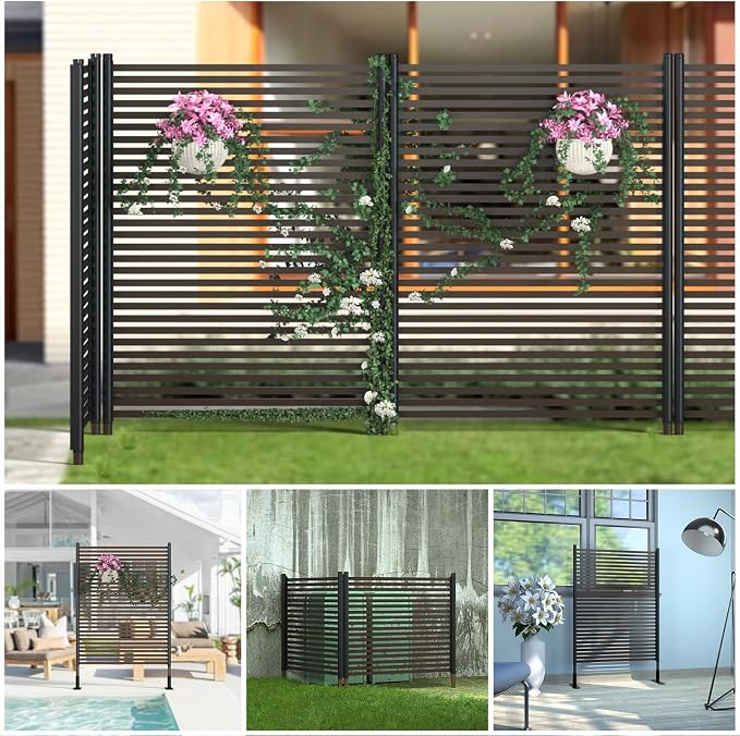 BUKLIYN Outdoor Privacy Screens - Length: 43in, Height: 70.8in Exterior Metal Privacy Patio Screen Panel,PE-Coated Steel Pipe and Slats for Brown，Perfect to Hide Trash Cans （1-Panel