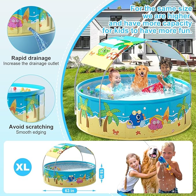 Foldable Swimming Pool with Canopy for Kids 62.9"x17.7" Hard Plastic Portable Dog Pool Anti-Slip Collapsible Pets Bathtub Kiddie Pool Indoor Outdoor Backyard (JellieMons 63'')