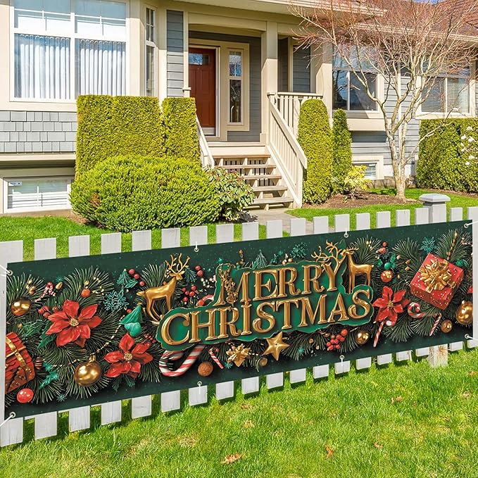 10x3 ft Extra Large Merry Christmas Banner Outdoor 115''x35'' Merry Christmas Decorations Xmas Tree Snowman Banners Yard for Fence Outside banner for Garden Party