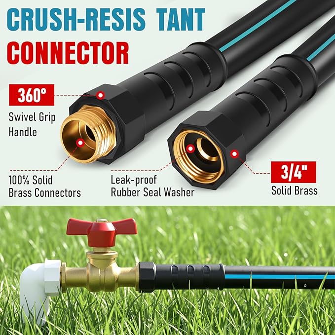Heavy Duty Garden Hose 50 ft, NON-EXPANDABLE Water Hose with 10 Function Spray Nozzle, Lightweight Kink-less Hybrid Hose with Swivel Handle, Male to Female Fittings