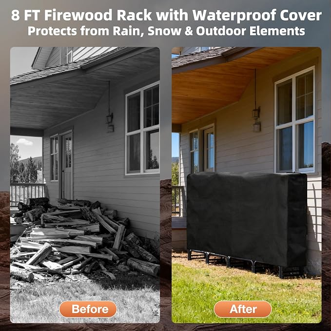 8FT Firewood Rack with Cover Outdoor, Heavy Duty Wood Storage Rack with 600D Oxford Waterproof Full Cover for Fireplace, Patio, Deck, 1/2 Cord Log Holder with Firewood Carry Bag