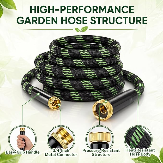 Garden Hose 50 FT, Non-Expanding Water Hose with 10 Pattern Spray Nozzle, Lightweight Flexible Kink-Resistant Garden Hose, Durable Outdoor Hose for Yard, Lawn, Patio, Garden, Car Washing, Black Green