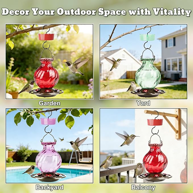 Auslar 26 Ounces Hummingbird Feeder, Purple Hummingbird Feeders for Outdoors Hanging, Ant Moat and 5 Flower Feeding Ports, Fade Proof, Rustproof, Leakproof, Netted Flower Bud Shape Bottle