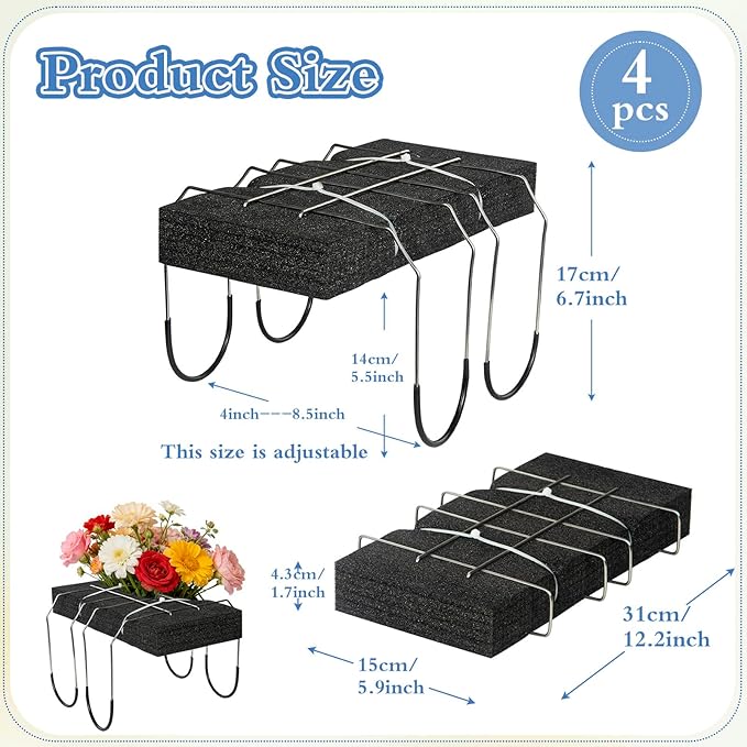 4 Pack Headstone Flower Saddle 12 Inch Cemetery Saddles with Floral Foam Wire Rustproof Galvanized for Grave Headstone Cemetery Floral Decorations(Black, Large)