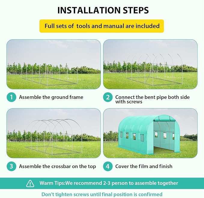 GarveeLife 8*13*7 ft Portable Walking in Tunnel Tent, Walk-in Greenhouse with Bottom widening Design, Galvanized Pipe, Full-Opening Roller Zippered Door & 6 Screen Windows, Greenhouses for Outdoors