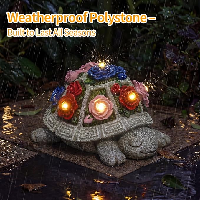 Solar Garden Outdoor Decor Turtle Statue with Colorful Roses & 7 LED Lights – Outside Tortoise Decor for Yard Patio Balcony & Backyard - Home House Decoration Art- Gift for Women Mom Grandma