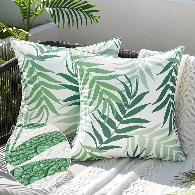 MIULEE Pack of 2 Decorative Outdoor Waterproof Throw Pillow Covers Patio Pillow Cases Natural Leaves Pattern Spring Square Cushion Shams Shell for Garden Balcony Couch 20x20 Inch, Sage Green
