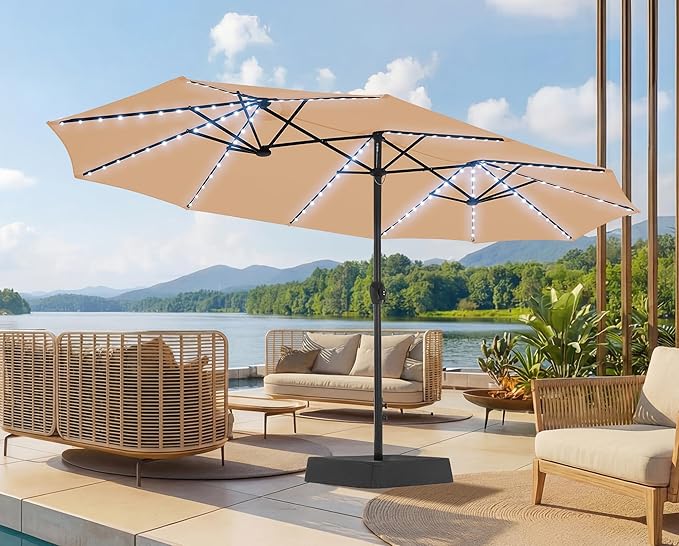 SUPERJARE 15ft Large Patio Umbrella with Base included, Double Sided Outdoor Umbrella with Solar Lights, Pool Umbrella with Fade Resistant Canopy for Deck, Porch, Yard, Balcony, Beige