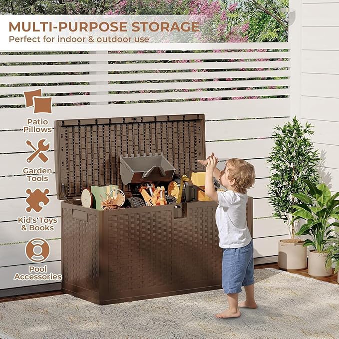 Outdoor Deck Box, 99 Gallon Resin Storage Container, Lockable, UV Resistant and Waterproof Storage Box for Patio Furniture Cushions, Garden Tools, Pool Sports Equipment (Brown)