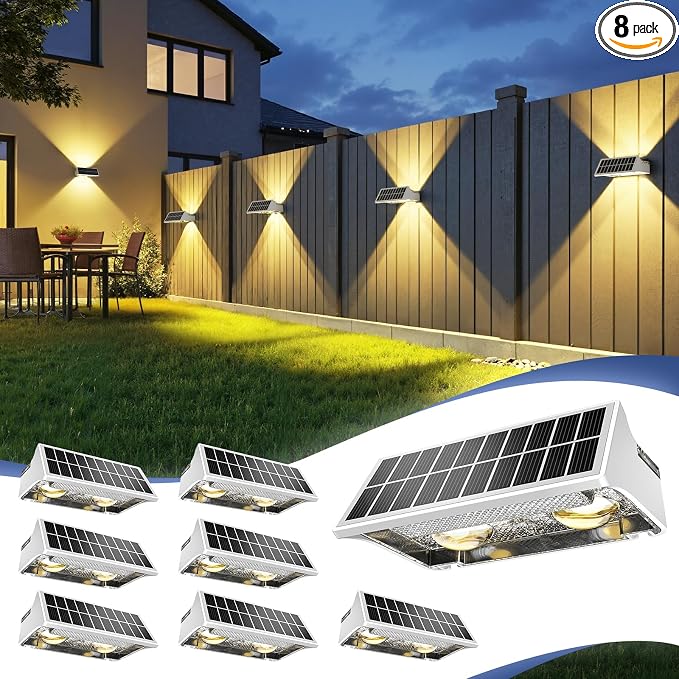 JOFIOS Solar Fence Lights Outdoor,8Pack,Warm White+RGB 9 Colors,1200mAh,Up and Down Fence Lights Solar Powered Waterproof,Solar Wall Lights for Fence,Backyard,Porch（White）