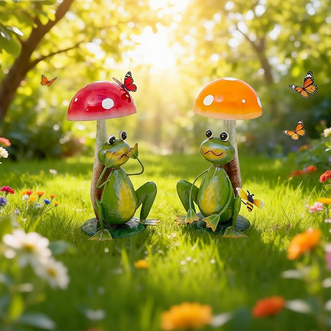 15.3" Large Frog Decor Set of 2, Handcrafted 3D Lifelike Metal Frog with Mushroom Sculpture, Outdoor Yard Art for Garden, Lawn & Home, Ideal Gift for Friends for Birthday Day & Housewarming