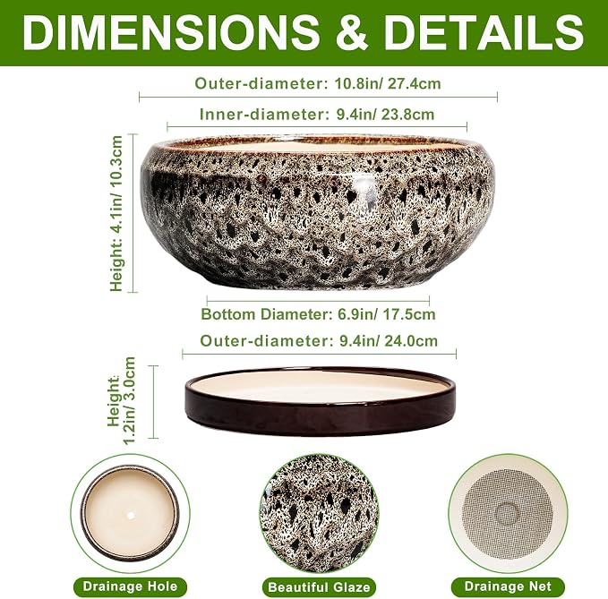Succulent Pots 10 Inch - Ceramic Bonsai Pots with Drainage Hole and Tray, Large Succulent Planters, Shallow Planter Indoor, Round Planter Bowl, Window Decor, Gifts for Plant Lovers, White