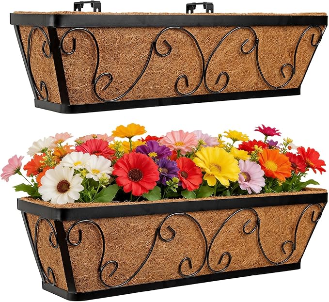 24 Inch Window Box Planter with Adjustable Brackets for Hanging Outdoor Plants, 2 Pack Railing Planter Boxes with Coco Liners for Balcony Deck Porch & Patio Garden Decor, Black
