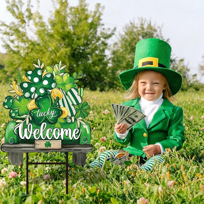 JarThenaAMCS St. Patrick' s Day Metal Garden Stake Welcome Yard Sign Green Shamrock Clover Truck Decorative Lawn Sign for Irish Holiday Home Outside Lawn Porch Walkway Pathway