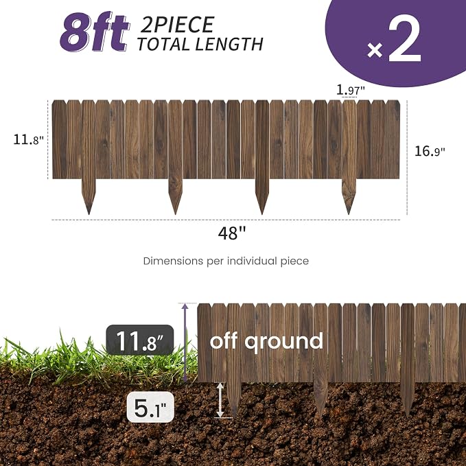 Garden Wooden Fence Edging, Burnt Wood Finish, Fir Wood,Outdoor Lawn Landscape Border (1, 11.8" Height)