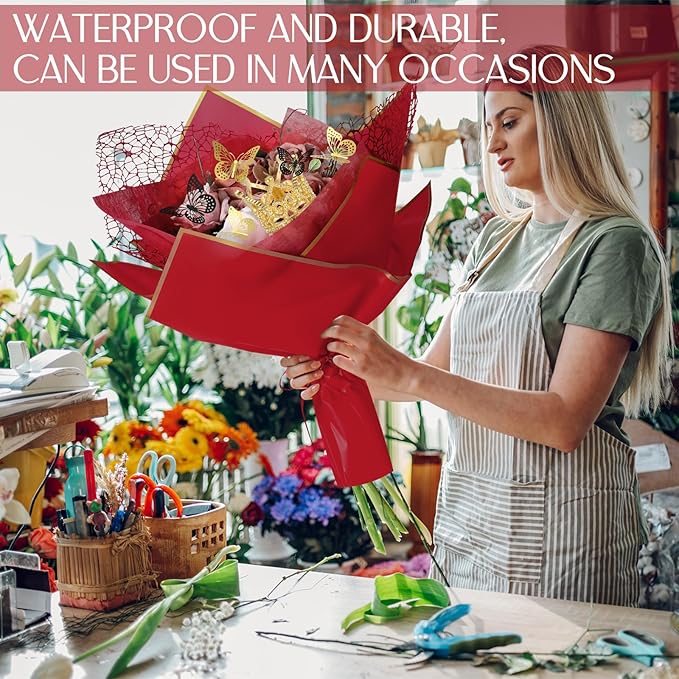 Qilery 334 Pcs Flower Wrapping Paper Set,153 Waterproof Floral Bouquet Wrapping Paper,72 3D Gold Butterfly Decoration,100 Pins, 6 Crowns and 3 Ribbons for DIY Craft(Red, Black, White)