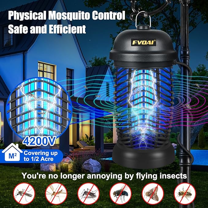 FVOAI Bug Zapper Outdoor, Mosquito Zapper, Fly Zapper, Insect Zapper Electric Fly Traps for 1/2 Acre, Indoor Outdoor Use with 3 Prong Plug-in,4200V, ABS Plastic Outer, Black