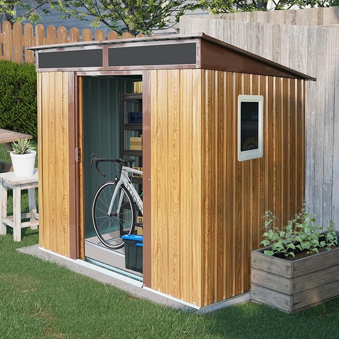 6FT x 5FT Outdoor Storage Shed, Heavy Duty Galvanized Steel Garden Shed with Sloped Roof, Sliding Lockable Doors, Punched Vents & Foundation Kit, Weather Resistant Tool Shed, Coffee with Window