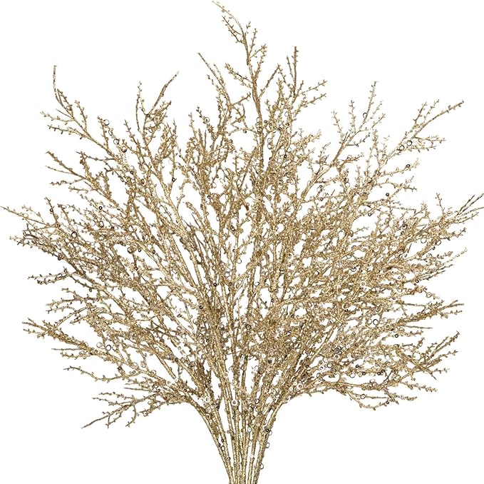 30.7" Christmas Glitter Stems, 5Pcs Champagne Gold Artificial Spray Leaf Picks Tall Branches for Christmas Tree DIY Xmas Wreath Garland Arrangment Vase Bouquets Table Centerpieces Decoration