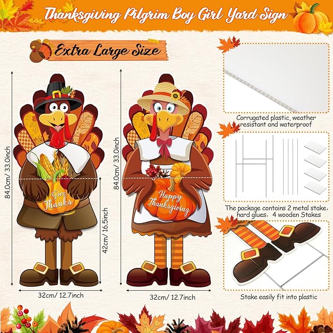 Capoda Large Thanksgiving Turkey Yard Sign Turkey Pumpkin Fall Yard Sign Stake Happy Thanksgiving Signs with H Stand for Fall Autumn Harvest Party Lawn Garden Outdoor Decor, 29.3 x 12.6 Inch