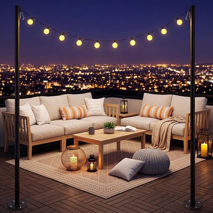 2 Pack 10 Ft String Light Poles for Outdoor String Lights, Heavy Duty Metal Outdoor Light Poles for Deck, Backyard, Garden, Patio, Wedding, Party