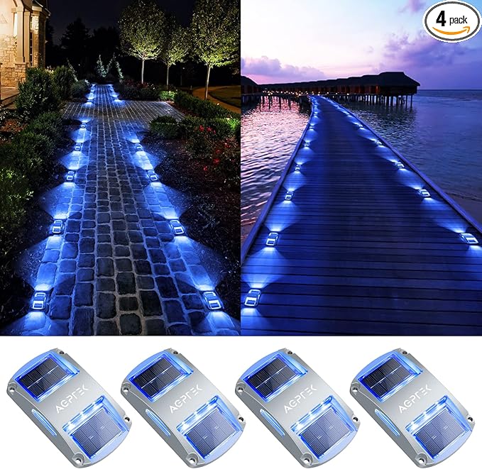 AGPTEK Solar Driveway Lights 4 Pack, Solar Deck Lights Outdoor Dock Marine Lights LED Dock Lights Solar Powered Waterproof Driveway Marker Lights for Warning Step, Sidewalk, Pathway, Garden, Yard