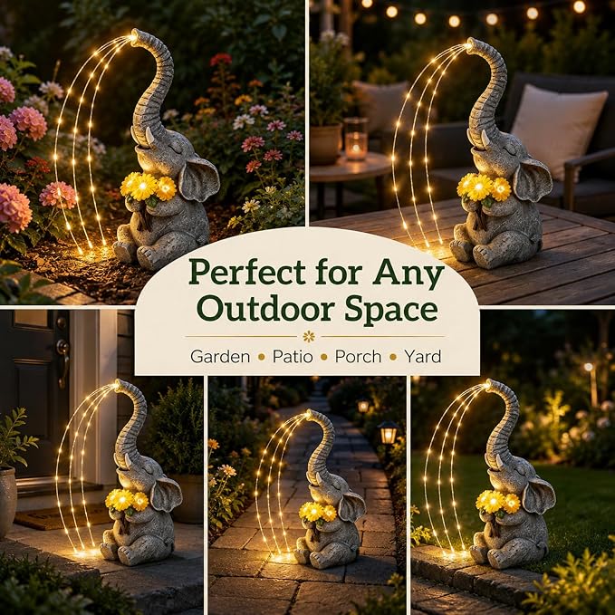 mocosa Solar Garden Statues Elephant and LED Lights Birthday Gifts for Women Mom Grandma Solar Outdoor Cat Decor for Outside,Outdoor Solar Lights for Yard, Garden and Patio, Unique Gift for Women