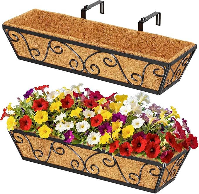 24 Inch Railing Planter Box 2 Pack, Adjustable Window Metal Box Planter with Coco Liner, Hanging Flower Planter for Balcony Deck Fence Porch Patio, Black