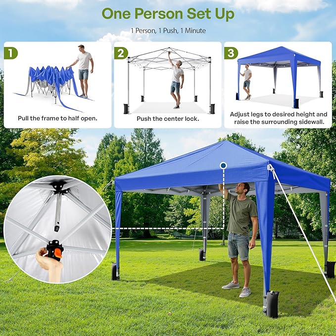 Driftalia 10x10 Pop Up Canopy with Sidewalls, Outdoor Instant Canopy Tent with Carry Bag for Commercial Events, Camping, Backyard Parties - Blue