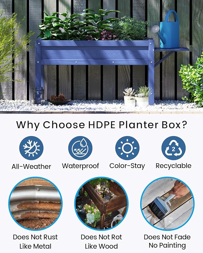 HDPE Raised Garden Bed with Legs, 49x21x27in All-Weather Heavy Duty Planter Box, Outdoor Elevated Garden Bed for Seeds, Herb, Flower, Vegetable (Navy Blue)