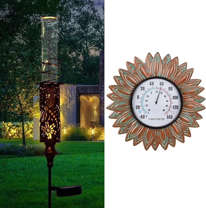 Copper Solar Rain Gauge Outdoor and 12" Bronze Sunflower Metal Outdoor Thermometer for Garden Patio Home Decor