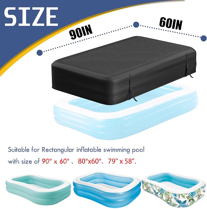 Rectangular Pool Cover for Inflatable Pool, Upgrade Design 420D Heavy-Duty Waterproof Oxford Pool Cover for Above Ground Rectangular Inflatable Swimming Pool with Windproof Buckle (90x60x18IN)