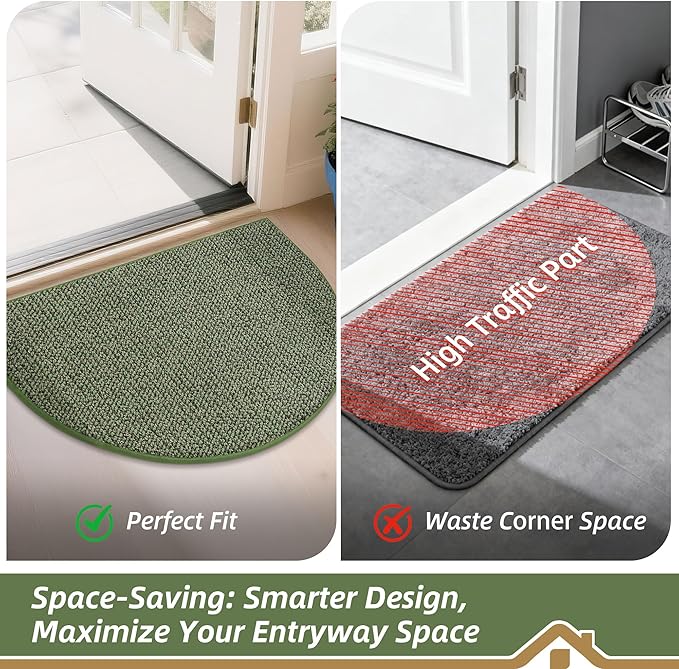 BEQHAUSE Dirt Trapper Door Mat 32" x 48" Half Circle Non-Slip Washable Doormats Entrance Rugs Absorbent Welcome Low Profile Floor Mats for Front Back Door and Entryway, Green