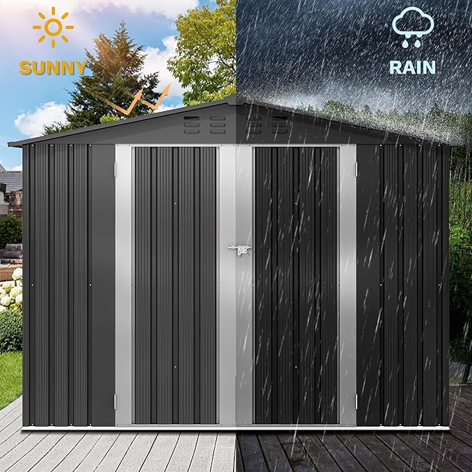 DWVO 7x5FT Outdoor Storage Shelter, Roomy Steel Tool Shed with Secure Entrances & Air Circulation for Patio, Lawn, and Backyard, Ideal for Storing Garden Gear, Lawn Tools, and Bikes, Dark Gray