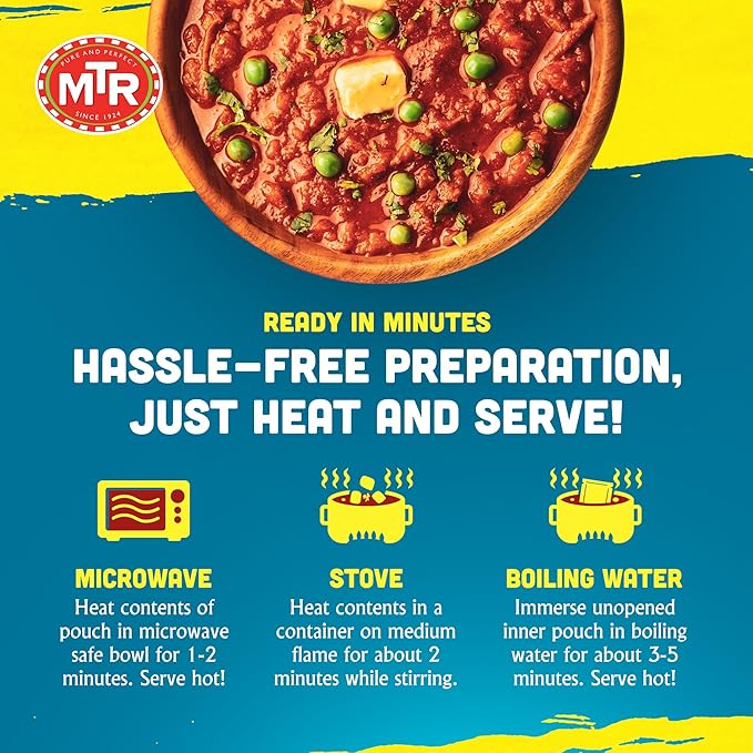 MTR - Pav Bhaji - Spiced Vegetable Gravy - Authentic Indian Ready-to-Eat Meal - Plant-Based, Delicious Microwaveable Meal - Quick & Easy Nutritious Indian Food - Suitable for Vegetarians (Pack of 6)