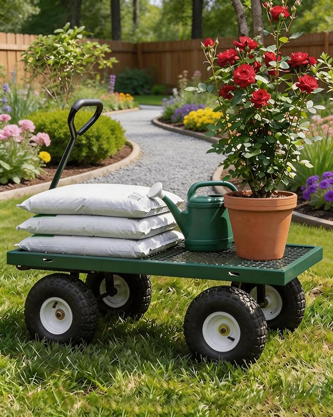 GarveeTech 400LBS Heavy Duty Steel Garden Cart, Garden Wagon Cart on Wheels, Metal Yard Utility Wagon with Removable Mesh Sides, 10" All Terrain Tires, 180° Rotating Handle for Lawn, Garden, Farm