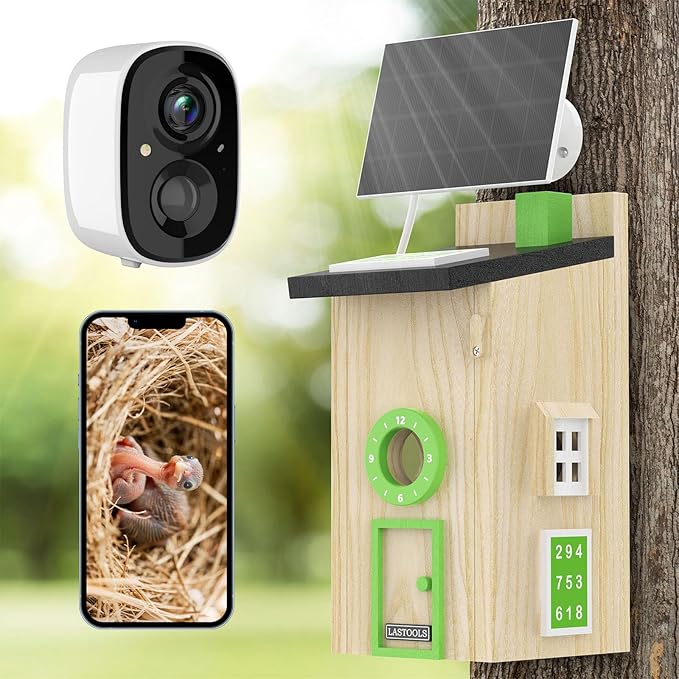 Solar Bird House with Camera - 2K HD Wooden Smart Birdnest Watch Birds Nesting & Hatching in Real Time, 2.4G WiFi with Camera Inside AI Identify Bird Behavior, Ideal Gift for Bird Lovers