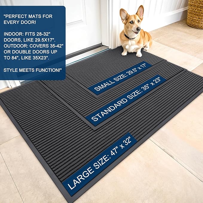 OLANLY Front Door Mat Indoor Outdoor Entrance, 2-Pack 47 x 32 Inch, Waterproof Heavy Duty Doormat, Fade Resistant, Low Profile, Easy Clean Patio Porch Welcome Floor Mats for Entry, Charcoal Grey