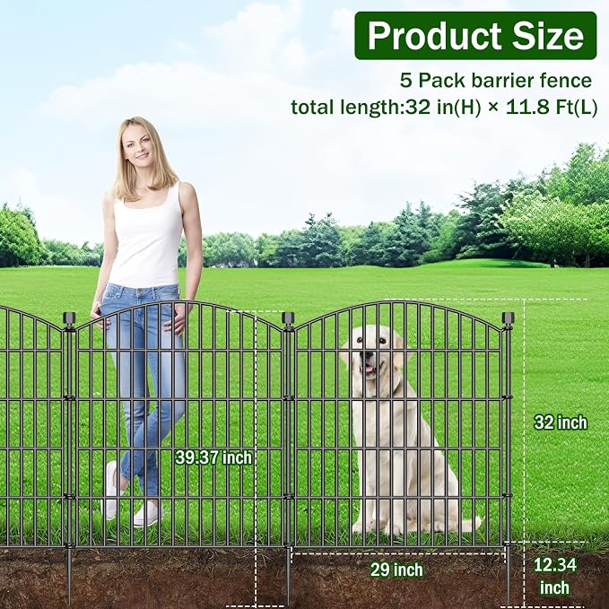 Decorative Garden Fence with Gate, 5 Panels - 32 in (H) x 11.8 ft (L) No Dig Dog Fence Outdoor for Yard, Rustproof Tall Garden Fencecing Panels, Animal Barrier Suitable for Yard Border, Patio