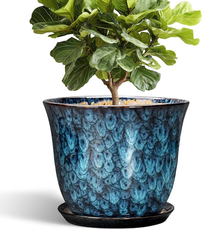 Ceramic Plant Pots - 12 Inch Pots for Plants Indoor Outdoor, Large Round Planter with Drainage Hole and Saucer, Modern Decorative Flower Pot, Home Garden Decor, House Warming Gifts, Blue