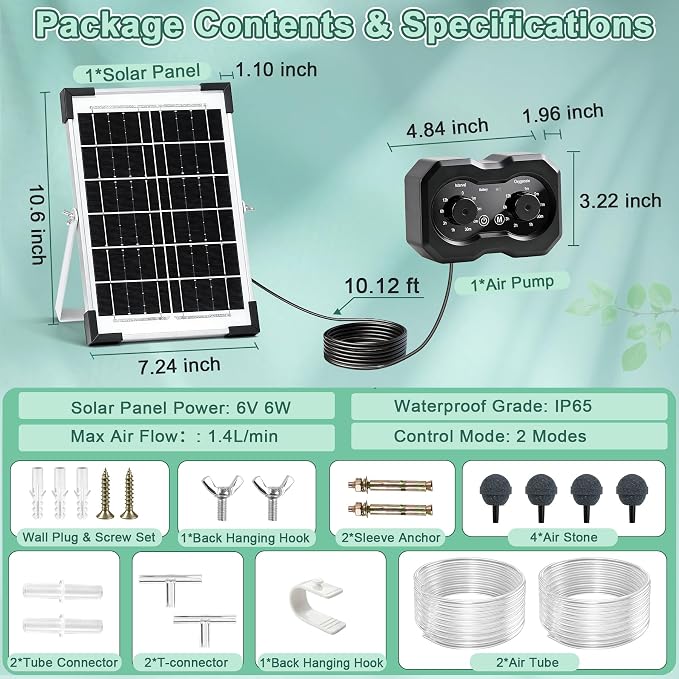 6W Solar Pond Aerator, Solar Air Pump for Pond, Adjustable Aeration Cycle, Dual Air Ports 4 Air Stones for Outdoor Pond Fish Tank Aquarium