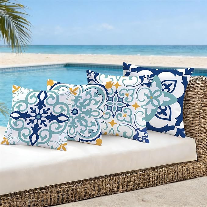 NIGHTWISH Outdoor Waterproof Pillow Covers 16x16 Set of 4 Teal Boho Decorative Outdoor Throw Pillows Floral Cushion Cases for Patio Furniture Bench Couch Sunbrella
