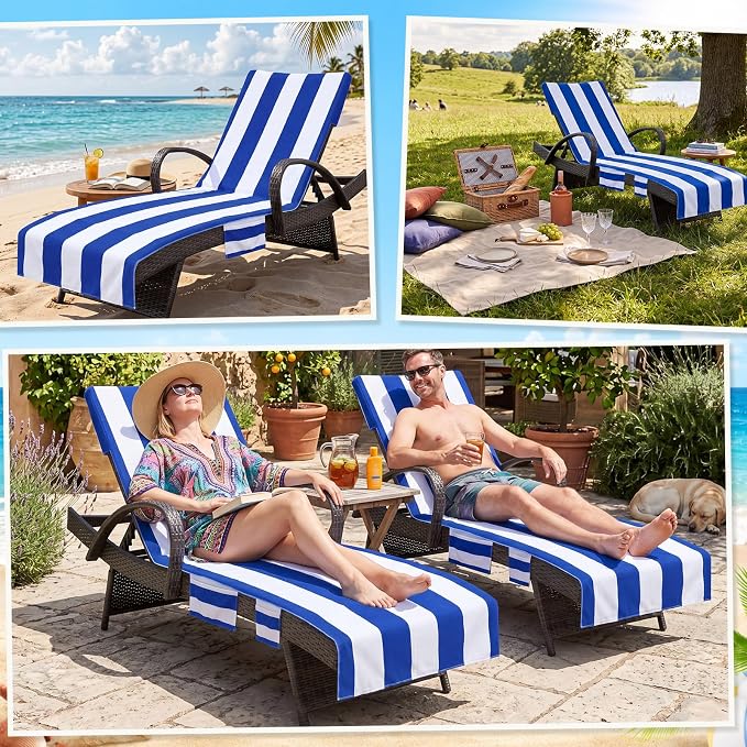 4 Pack Lounge Chair Towel Covers Striped Beach Chair Covers with Pockets Absorbent Microfiber Chaise Lounge Slipcover for Patio Pool Sun Lounger, 83 x 29.5 Inch